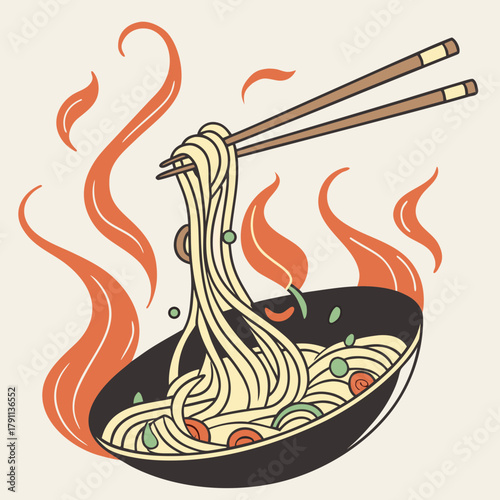 Stylized illustration of noodles in a wok with chopsticks, engulfed in vibrant orange flames, against a neutral background.
