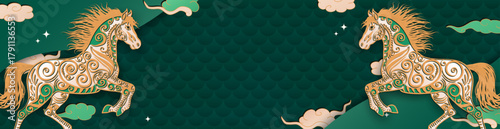 Green panoramic banner with hand drawn paper cut clouds, stars and golden Chinese Horse as a zodiac sign for 2026 New Year. Layered header in asian style. Christmas craft billboard or greeting card