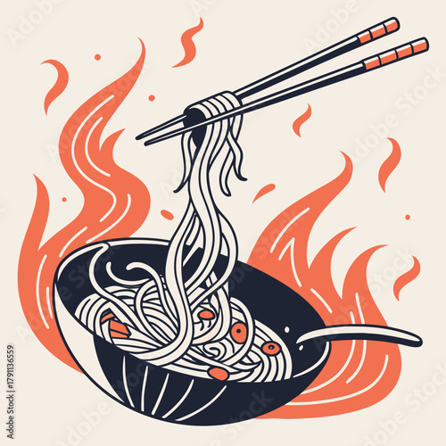 Stylized illustration of noodles in a wok with chopsticks, engulfed in vibrant orange flames, against a neutral background.