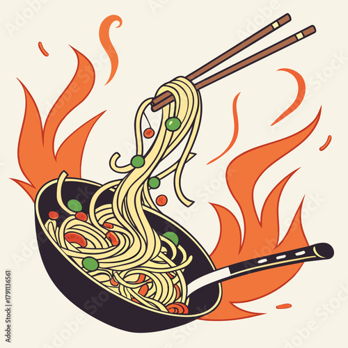 Stylized illustration of noodles in a wok with chopsticks, engulfed in vibrant orange flames, against a neutral background.