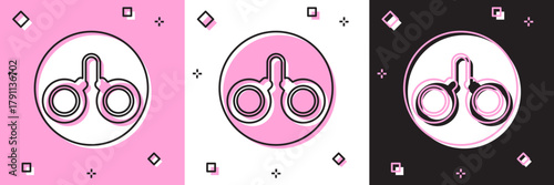 Set Handcuffs icon isolated on pink and white, black background. Vector