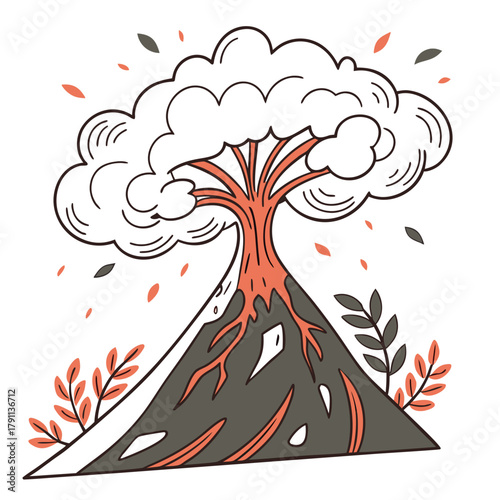 Erupting Volcano. Volcano eruption, smoke, ash, lava, magma splash. Abstract cartoon trendy style. Hand drawn modern Vector illustration. Isolated design element. Seismic activity, geology concept