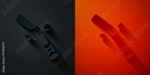 Paper cut Broken baseball bat icon isolated on black and red background. Paper art style. Vector