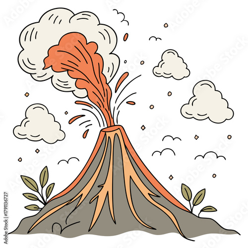 Erupting Volcano. Volcano eruption, smoke, ash, lava, magma splash. Abstract cartoon trendy style. Hand drawn modern Vector illustration. Isolated design element. Seismic activity, geology concept
