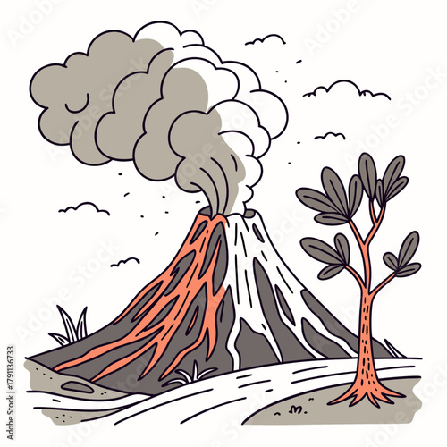 Erupting Volcano. Volcano eruption, smoke, ash, lava, magma splash. Abstract cartoon trendy style. Hand drawn modern Vector illustration. Isolated design element. Seismic activity, geology concept