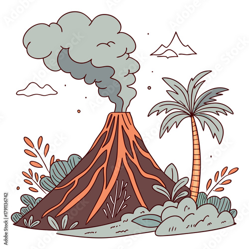 Erupting Volcano. Volcano eruption, smoke, ash, lava, magma splash. Abstract cartoon trendy style. Hand drawn modern Vector illustration. Isolated design element. Seismic activity, geology concept