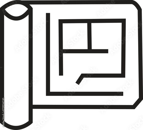 Black line art icon of a rolled blueprint with floor plan