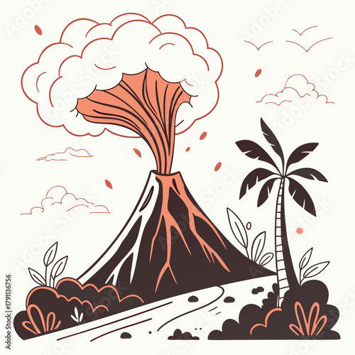 Erupting Volcano. Volcano eruption, smoke, ash, lava, magma splash. Abstract cartoon trendy style. Hand drawn modern Vector illustration. Isolated design element. Seismic activity, geology concept