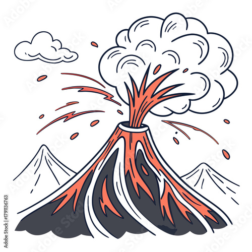 Erupting Volcano. Volcano eruption, smoke, ash, lava, magma splash. Abstract cartoon trendy style. Hand drawn modern Vector illustration. Isolated design element. Seismic activity, geology concept