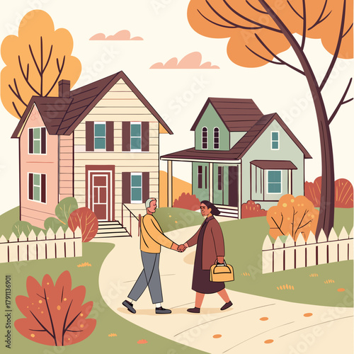 Neighbors greeting handshake friendly community two people meeting outside suburban houses picket fence plants autumn landscape residential neighborhood
