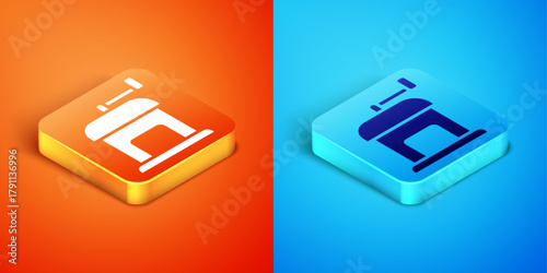Isometric Manual coffee grinder icon isolated on orange and blue background. Vector