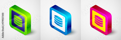 Isometric Server, Data, Web Hosting icon isolated on grey background. Square button. Vector