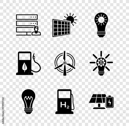Set Customer care server, Solar energy panel and sun, Light bulb, Hydrogen filling station, battery, Bio fuel with fueling nozzle and Rotating wind turbine icon. Vector