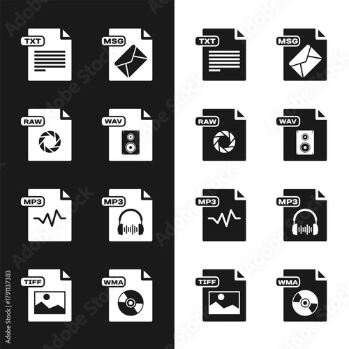 Set WAV file document, RAW, TXT, MSG, MP3, WMA and TIFF icon. Vector
