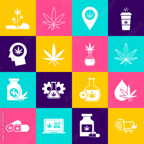 Set Shopping cart with marijuana, Marijuana or cannabis leaf oil, Location and, Head profile, Planting and Test tube icon. Vector