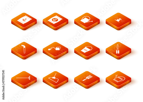 Set Garden rake, Shovel in the ground, saw, Watering can, fork, Bucket, and Gardening handmade scissor icon. Vector