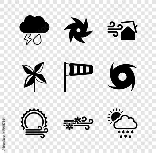 Set Cloud with rain and lightning, Tornado, swirl, Wind sun, snow, snow, rain,, Pinwheel and Cone meteorology windsock wind vane icon. Vector