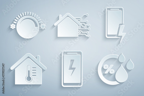 Set Mobile charging battery, House temperature, Humidity, Smart home and Thermostat icon. Vector