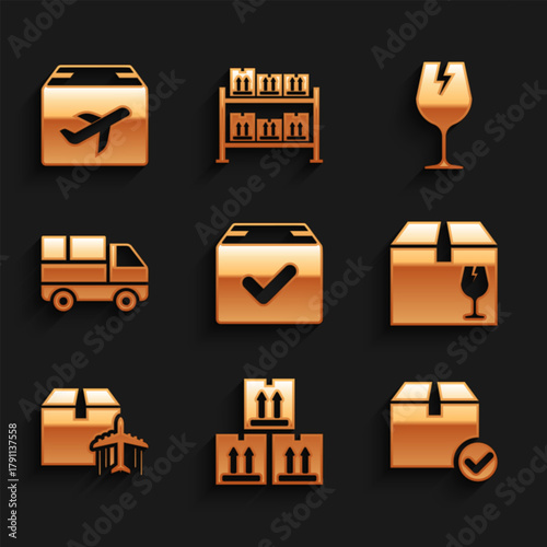 Set Package box with check mark, Cardboard traffic, Delivery fragile content, Plane and cardboard, truck boxes, Fragile broken glass and icon. Vector