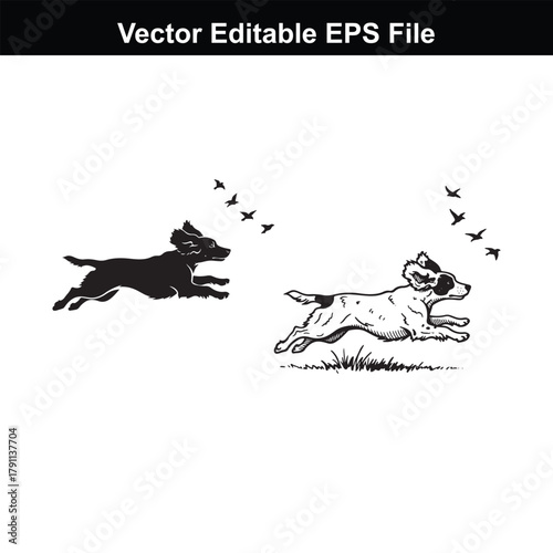 Two dogs running in silhouette and sketch style, chasing birds in the sky