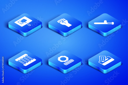 Set Vote box, Protest, Lying burning tires, Prison window, Raised hand with clenched fist and Police rubber baton icon. Vector