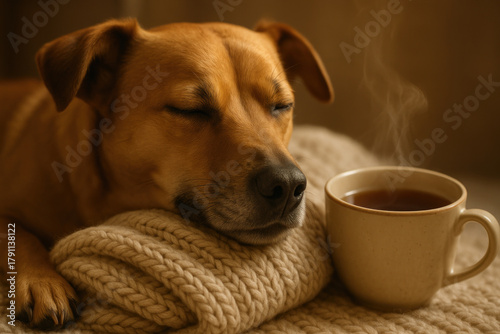 Cozy dog rests on knitted blanket in winter enjoying warm protection and safety beside steaming cup of tea creating calm comforting scene