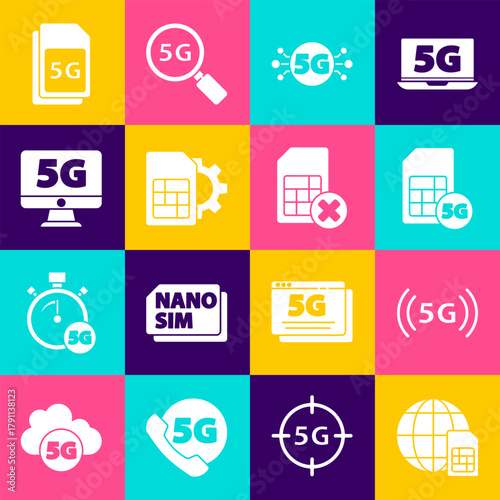 Set Globe 5G Sim Card, network, card setting, Monitor with, and rejected icon. Vector
