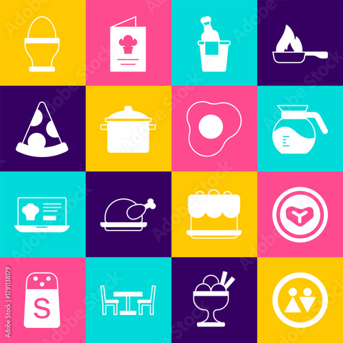 Set Toilet, Steak meat on a plate, Coffee pot, Champagne in an ice bucket, Cooking, Slice pizza, Chicken egg stand and Scrambled eggs icon. Vector