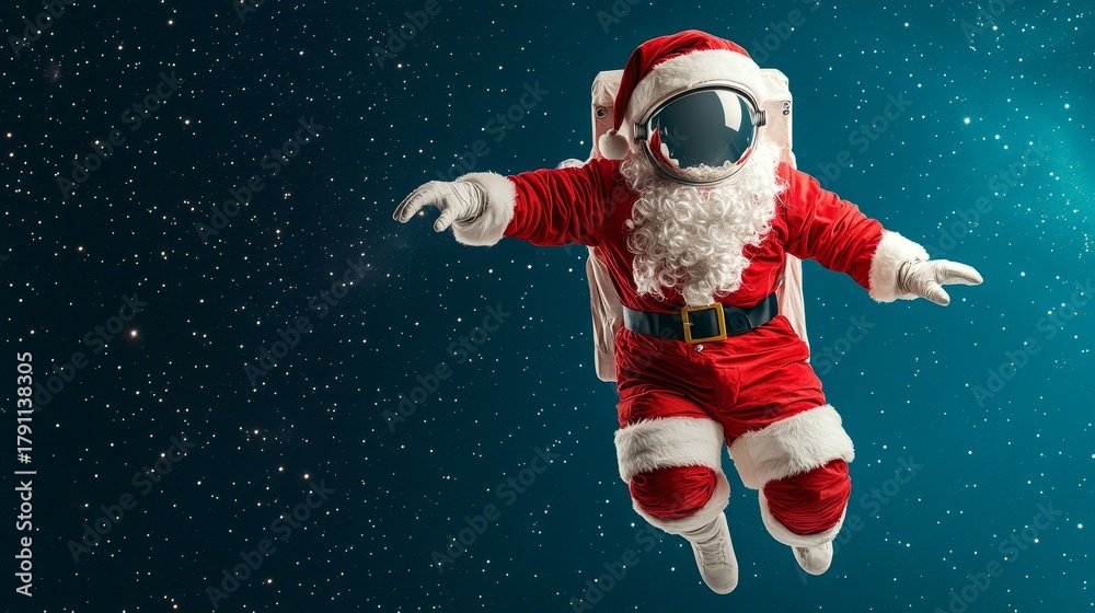Fototapeta premium Santa Claus as an astronaut floating in space with a red and white spacesuit