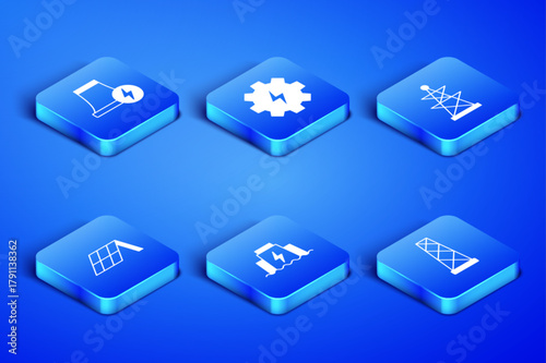 Set Antenna, Nuclear power plant, Hydroelectric dam, Solar energy panel, Gear and lightning and Electric tower icon. Vector
