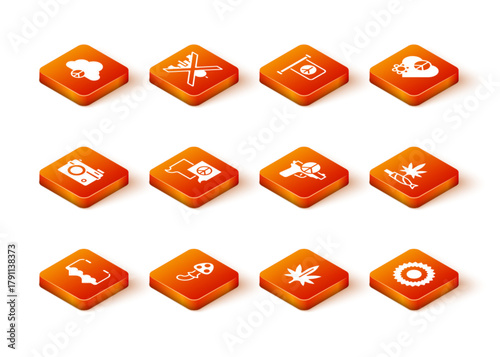 Set Heart shaped love glasses, Psilocybin mushroom, Photo camera, Speech bubble chat, Marijuana, No war, Sun and joint, spliff icon. Vector