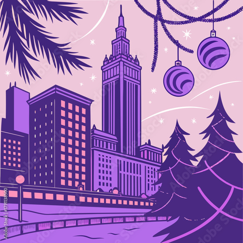 Futuristic vaporwave Christmas background with city skyline