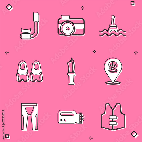 Set Snorkel, Photo camera for diver, Floating buoy, Flippers swimming, Diving knife, Scallop sea shell, Wetsuit scuba diving and Flashlight icon. Vector