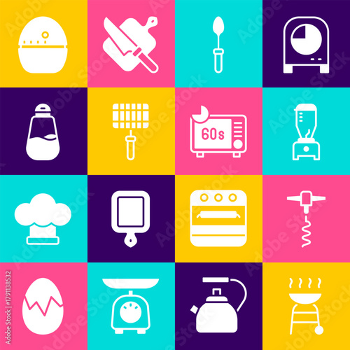 Set Barbecue grill, Wine corkscrew, Blender, Teaspoon, steel grid, Salt, Kitchen timer and Microwave oven icon. Vector