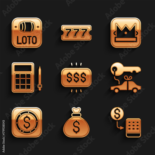Set Money prize in casino, bag, Casino chips exchange, Car gift, Coin money with dollar, Bingo card, King playing and Lottery ticket icon. Vector