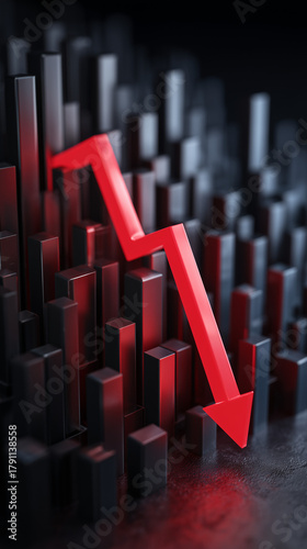 Financial chart showing a downward orange arrow, symbolizing market crash, loss, or decline in economic performance