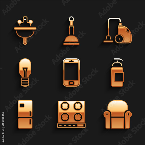 Set Mobile phone, Gas stove, Armchair, Antibacterial soap, Refrigerator, Light bulb, Vacuum cleaner and Washbasin icon. Vector