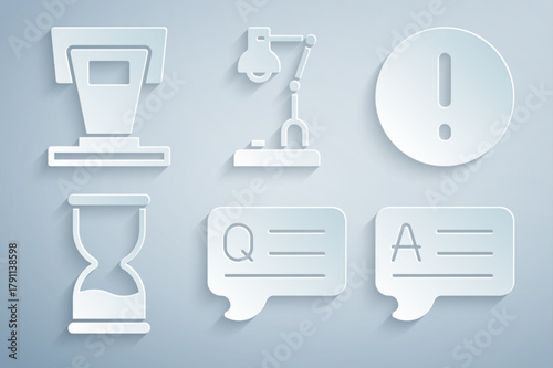 Set Speech bubbles with Question, and Exclamation, Old hourglass, Answer, Table lamp and Stage stand icon. Vector