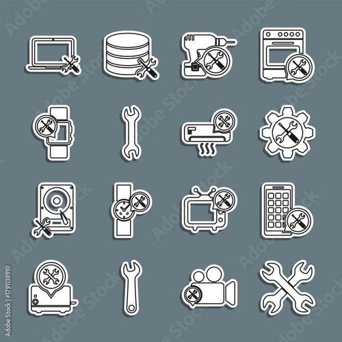 Set line Crossed wrenchs, Mobile Apps service, Wrench and screwdriver in gear, Drill machine, Smartwatch, Laptop and Air conditioner icon. Vector