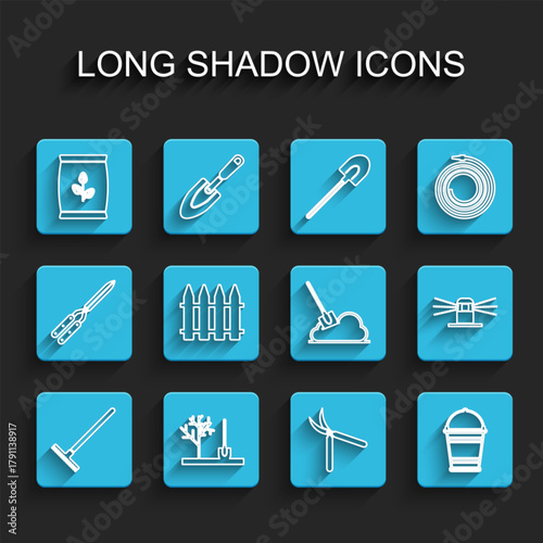 Set line Garden rake, Planting tree in the ground, Fertilizer bag, Gardening handmade scissor, Bucket, fence, Automatic irrigation sprinklers and Shovel icon. Vector
