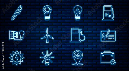Set line Car battery with recycle, Signed document, Light bulb leaf, Wind turbine, Solar energy panel and light, Pen, Petrol or Gas station and icon. Vector