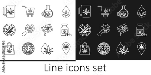 Set line Location and marijuana, Medical bottle with, Test tube, Magnifying glass, Stop, Cup tea, Marijuana or cannabis seeds and Shopping cart icon. Vector