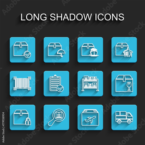 Set line Locked package, Search, Package box with check mark, Plane and cardboard, Delivery truck boxes, Verification of delivery list, fragile content and Warehouse icon. Vector