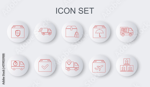 Set line Cardboard box with traffic, Delivery truck and stopwatch, Locked package, Plane cardboard, security shield, in movement, Package check mark and tracking icon. Vector