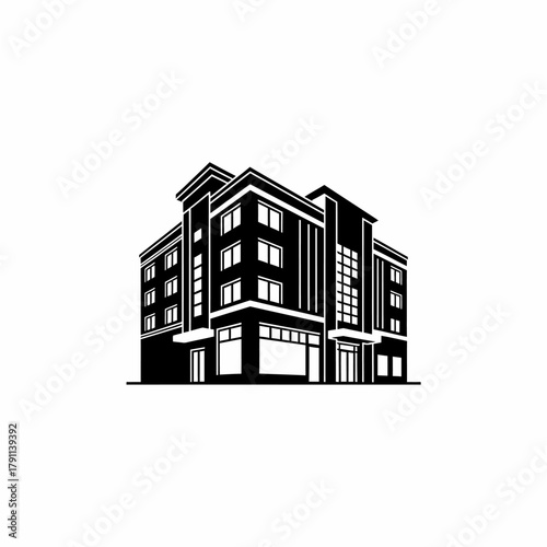 A black and white illustration of a modern, multi-story commercial building with large windows and a prominent entrance.