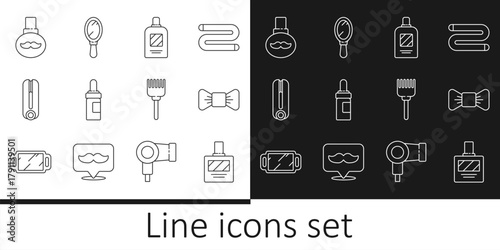 Set line Aftershave, Bow tie, Bottle of shampoo, Beard and mustaches care oil bottle, Curling iron for hair, Hairbrush and Hand mirror icon. Vector