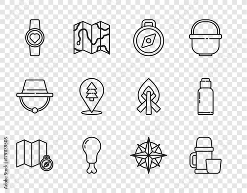 Set line Location of the forest on map, Thermos container and cup, Compass, Chicken leg, Smart watch showing heart beat rate, Wind rose and Canteen water bottle icon. Vector