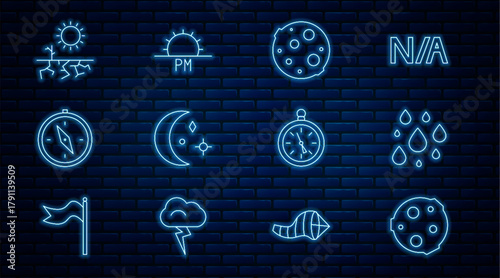 Set line Moon, Water drop, and stars, Compass, Drought, and Sunset icon. Vector