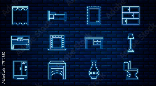 Set line Toilet bowl, Floor lamp, Picture, Makeup mirror with lights, Grand piano, Curtains, Office desk and Bed icon. Vector