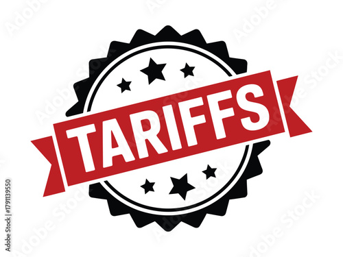 The word "Tariffs" is displayed prominently on a red banner across a circular emblem.